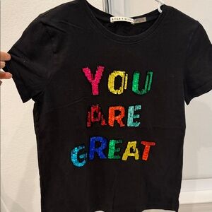 Alice + Olivia Black Tee with Colorful Sequin Letters